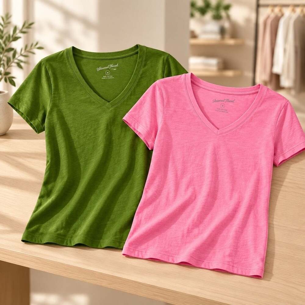 Universal Thread V-Neck Slub Tee Size S Lot of 2 Green Pink Cotton